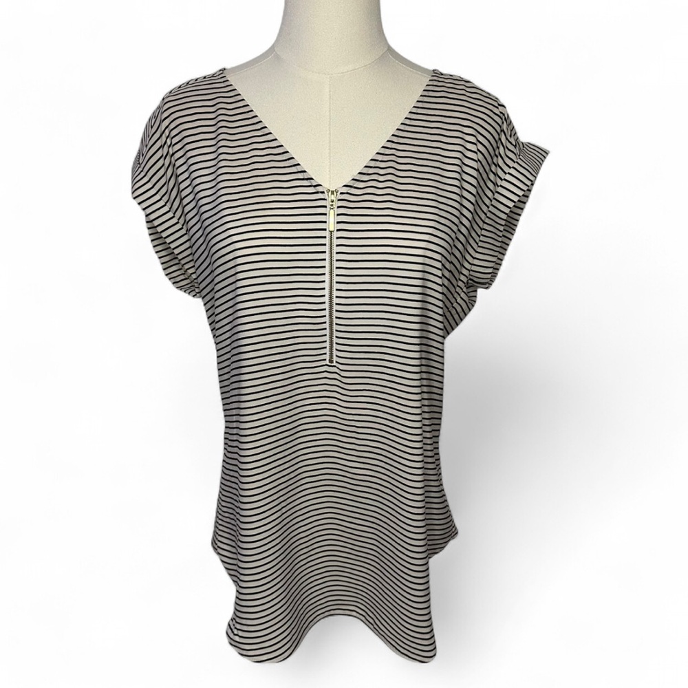 Express Black and White Striped V-Neck Blouse